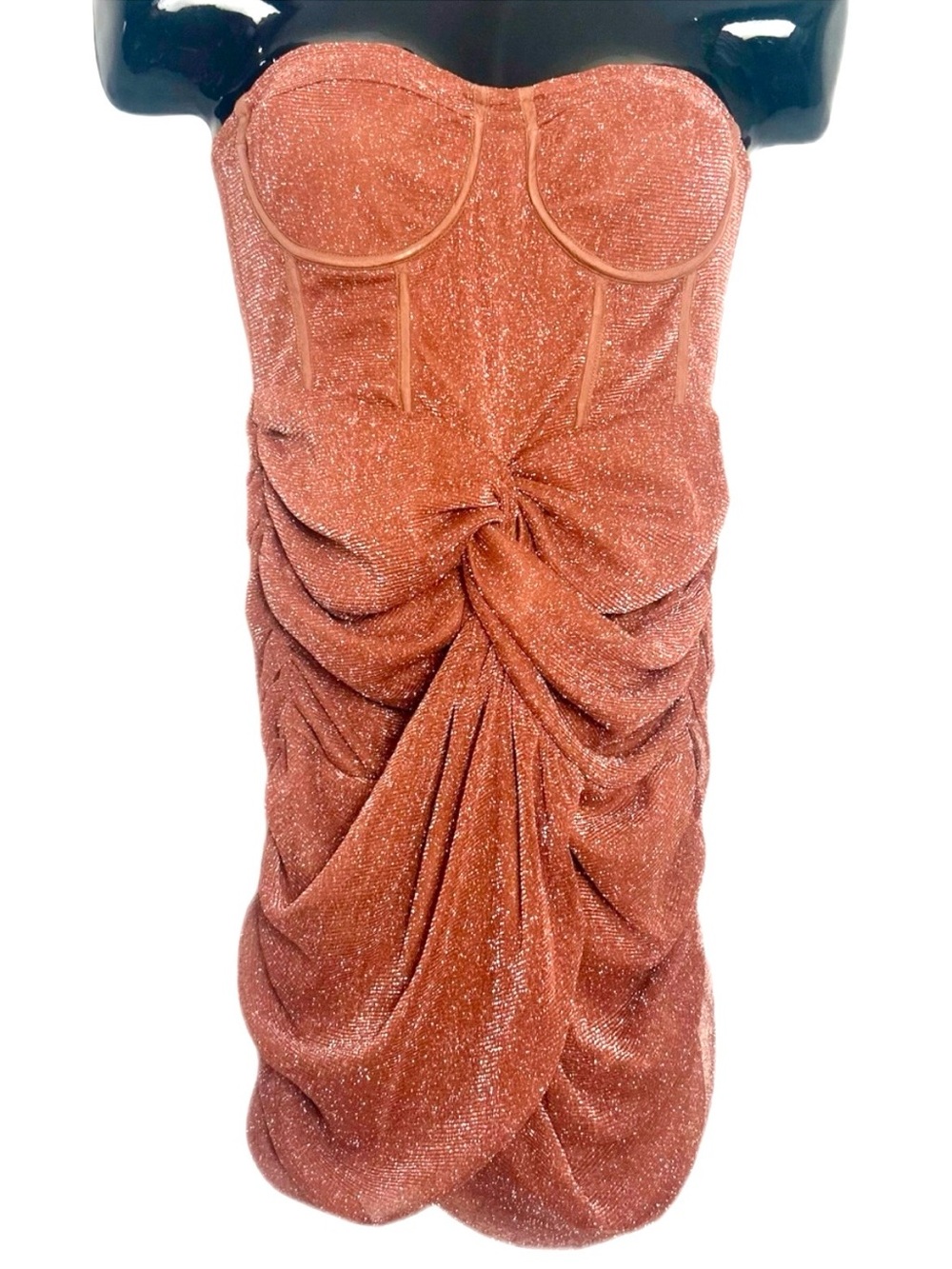 PrettyLittleThing Copper Rust Glitter Strapless Ruched Dress